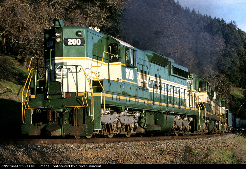 California Northern train led by CFNR #200 climbs toward Ridge and on to Willits after cresting the hill.